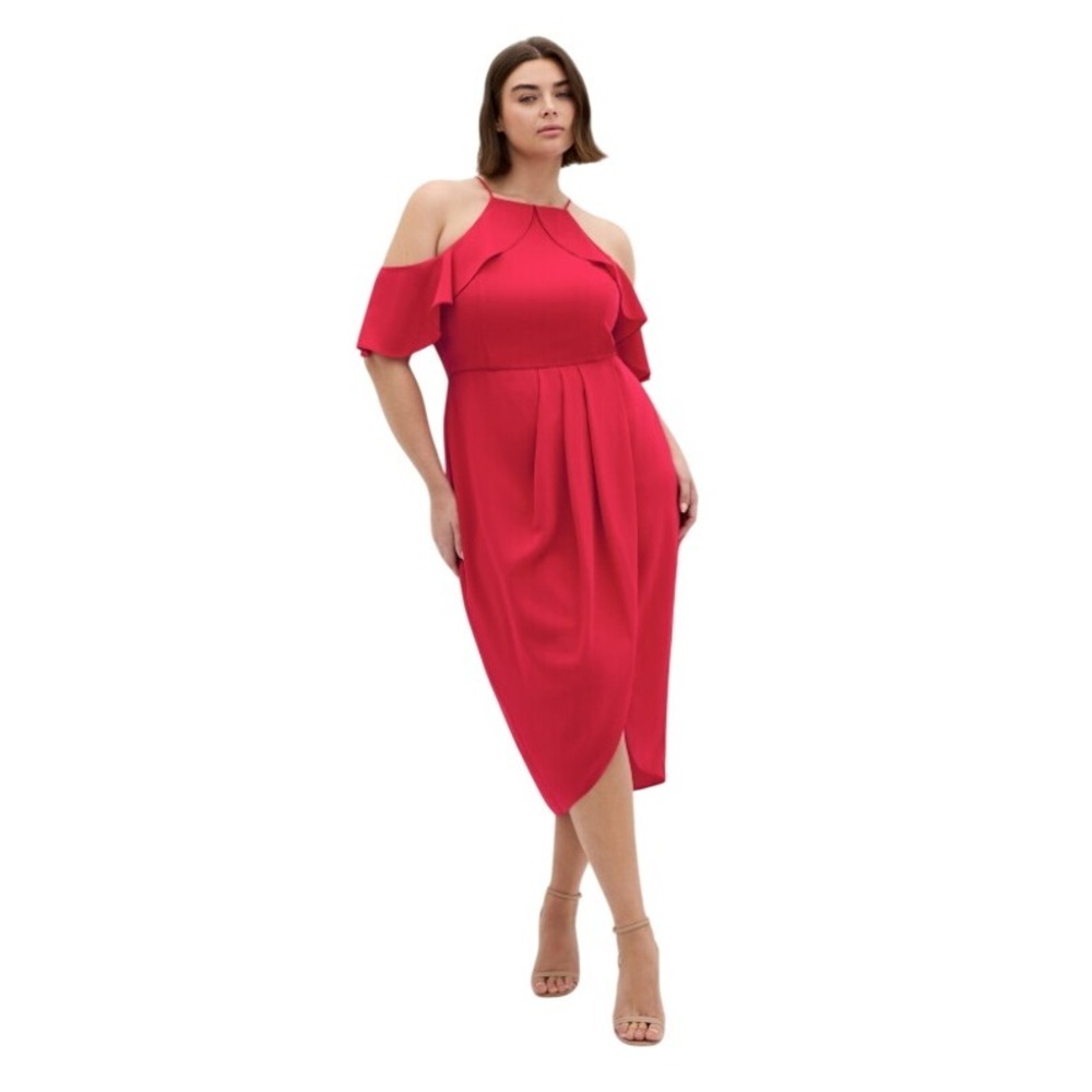 Womens City Chic Love Siren Ruffle Shoulder Red Tulip Dress Party Cocktail Sz 16